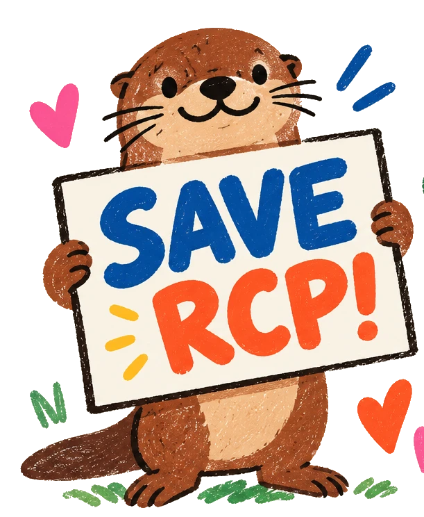 Original illustrated otter holding a blue and orange SAVE RCP! sign, surrounded by colorful hearts.